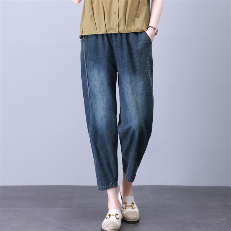 时尚拼接刺绣水洗牛仔裤宽松显瘦高腰九分裤舒适百搭休闲裤，女装牛仔裤，叶笙衣