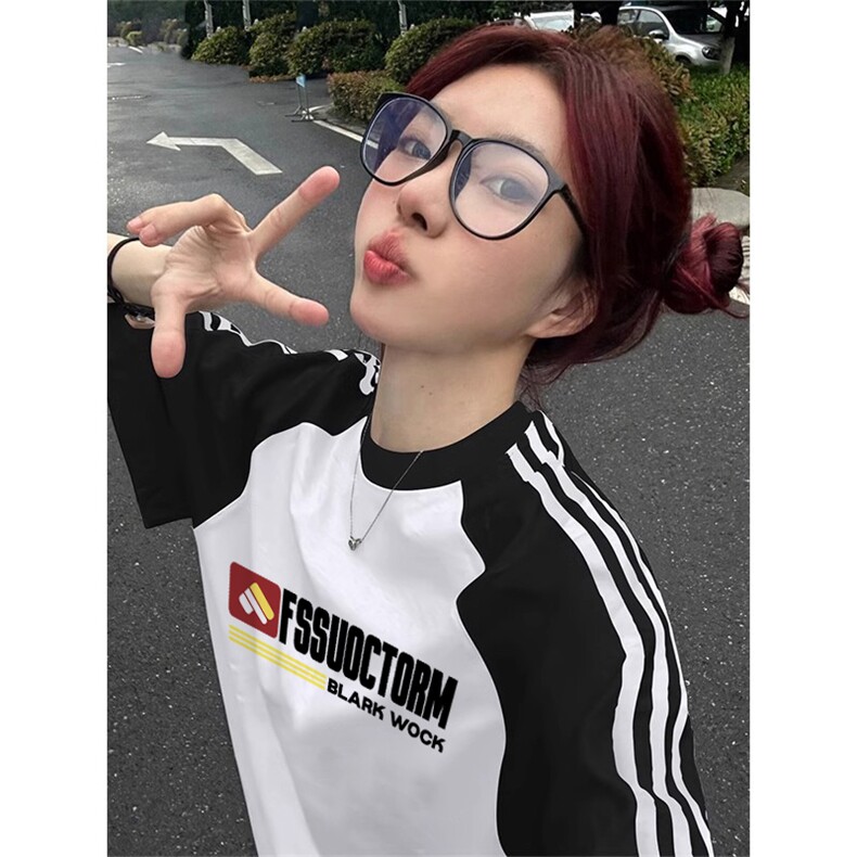 夏季美式高街重磅纯棉三条杠织带插肩撞色男女短袖T恤CZ20-特P25,男装T恤,电商A486