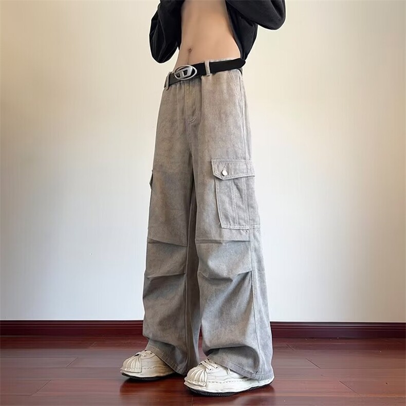 牛仔大理石纹褶皱多口袋工装裤休闲伞兵裤复古情侣阔腿裤777/P54图片