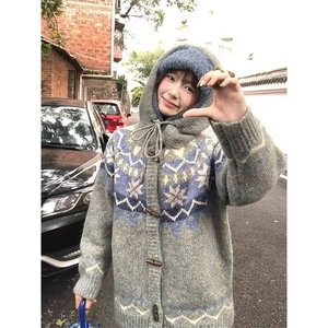 秋冬复古费尔岛提花毛衣开衫男女连帽牛角扣外套设计感针织上衣图片