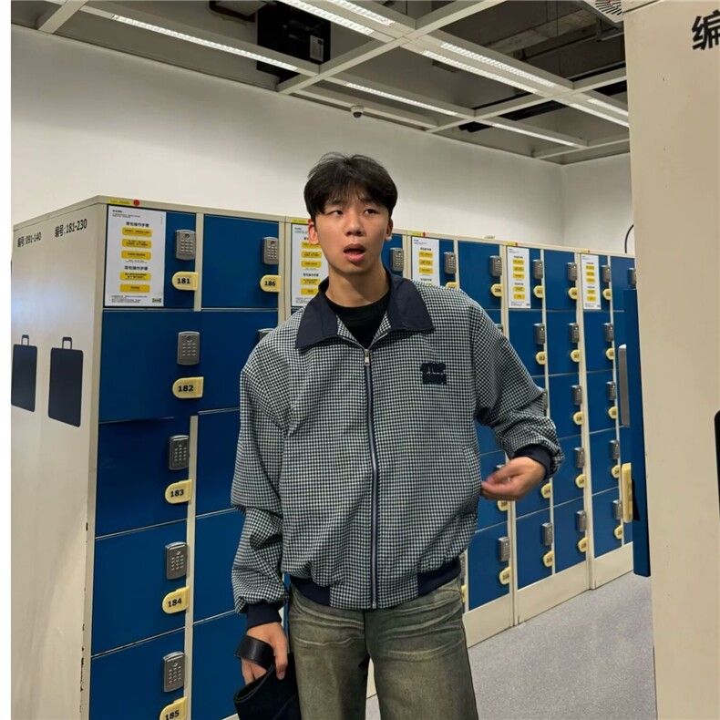 A727-P54美式黑白千鸟格纹短外套男秋季新款上衣运动休闲夹克,男装夹克,电商B323A
