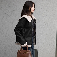 现货2024冬新款海军大翻领短羊羔毛皮毛一体加绒加厚外套韩系，女装羊羔毛/颗粒绒，跑量工厂店