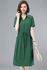 2021夏季新款简约时尚气质V型翻领抽绳系带收腰中长款连衣裙，女装连衣裙，鑫鑫格