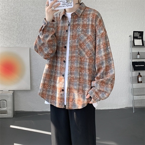 衬衫男秋季新款港风宽松大码磨毛格子扎染长袖衬衣CS506-P35图片
