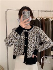 990复古千鸟格开衫毛衣，女装针织衫/毛衣，Lucky Lee