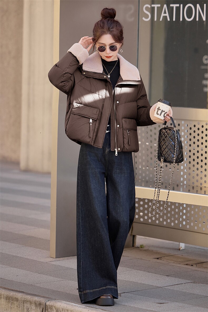 90绒。数据好，三年不下架，2025冬季短款羊羔毛拼接领羽绒服外套,女装短外套,E百度
