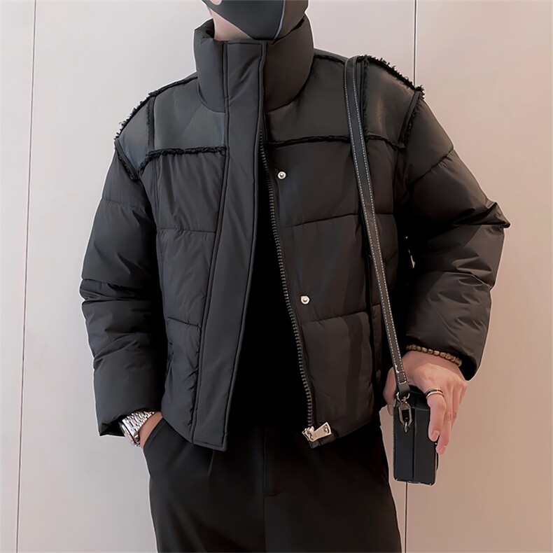 B08/P108控148冬季痞帅百搭黑色系皮料毛边设计感格子棉衣男黑首2,男装棉衣,星座305B