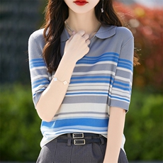 时尚薄款POLO领条纹针织短袖T恤女夏季气质修身百搭短款打底上衣，女装T恤，暖烁羊绒