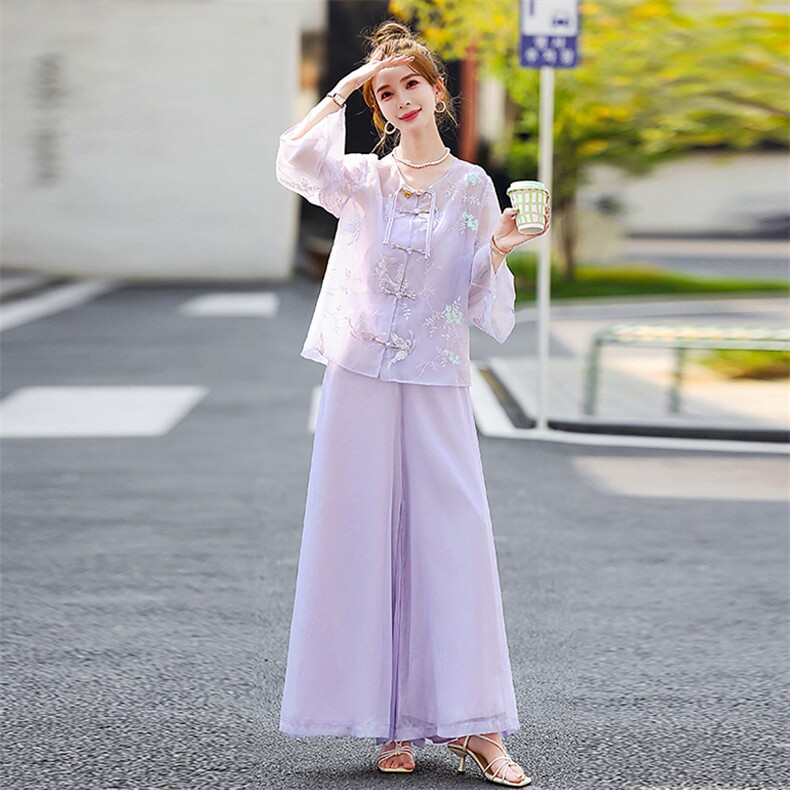 新中式刺绣紫色套装女2025夏季新款高级感优雅仙气阔腿裙裤三件套,女装套装/套裙,歌伊格美