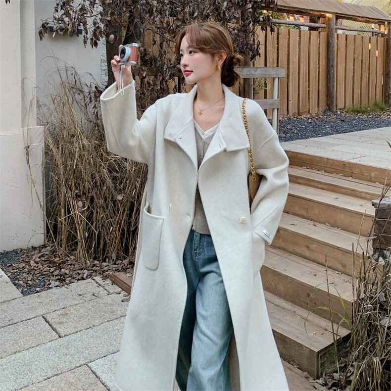 双面羊绒大衣女长款立领收腰系带毛呢外套冬图片