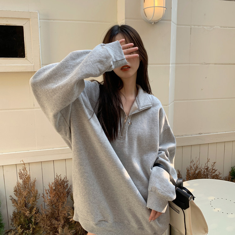QC038-P452025新款半高领拉链卫衣女纯色中长款宽松,女装卫衣/绒衫,星座617A-2