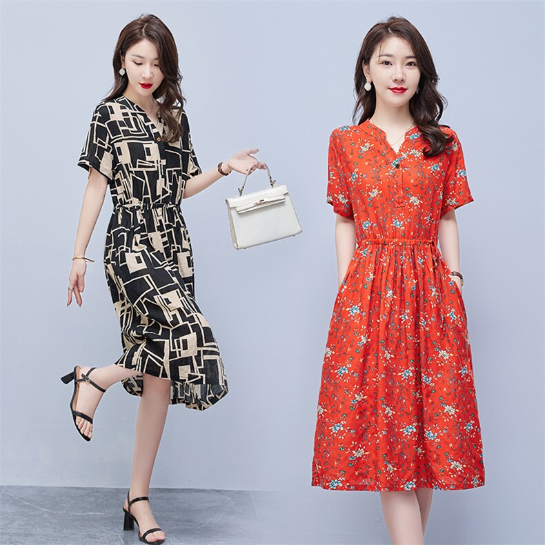 连衣裙2023年夏季潮流舒适简约时尚中长款圆领碎花,女装连衣裙,贵人树