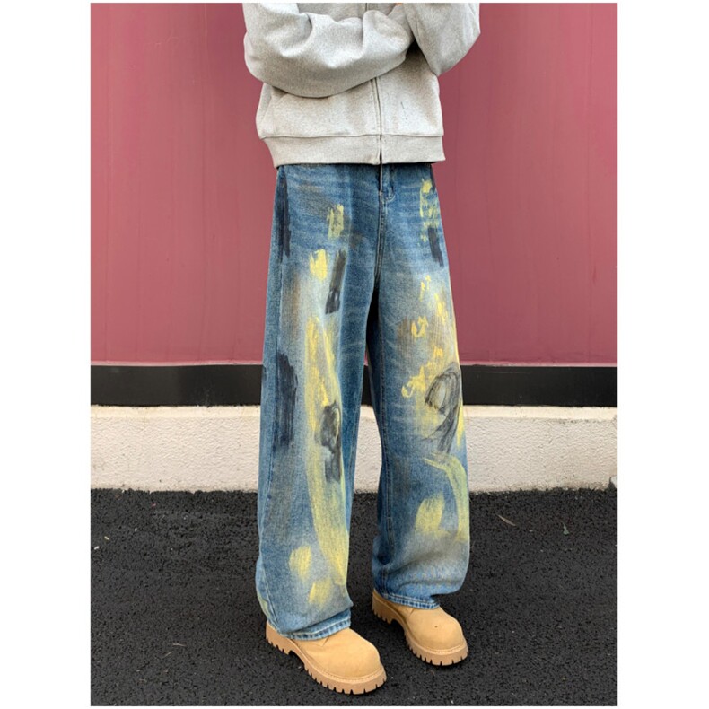 美式复古泼墨脏染破坏弯刀牛仔裤男女宽松阔腿休闲裤N782-P50,男装牛仔裤,星座308B-2