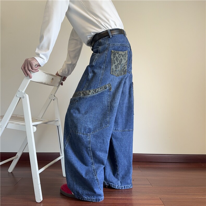 春季新款美式高街豹纹拼接宽松弯刀牛仔裤B315-K889-p65控88，男装牛仔裤，电商B315