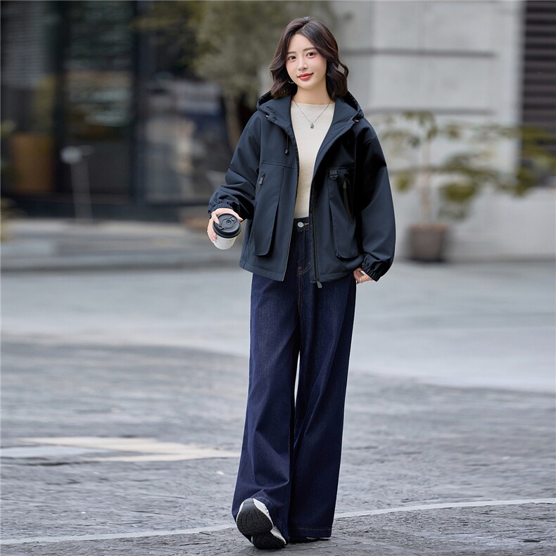 工装风休闲连帽加绒加厚短外套女2025秋冬新款宽松显瘦保暖派克服,女装短外套,依路服饰