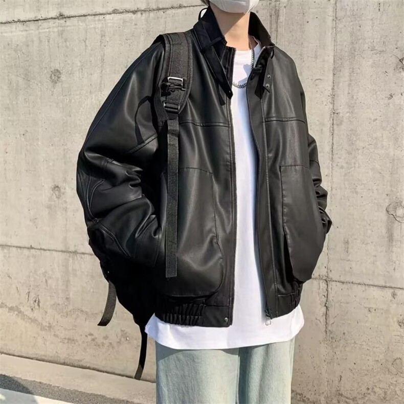 秋季新款高级感立领机车皮衣男宽松潮男短款垫肩夹克外套PU948,男装夹克,星座506