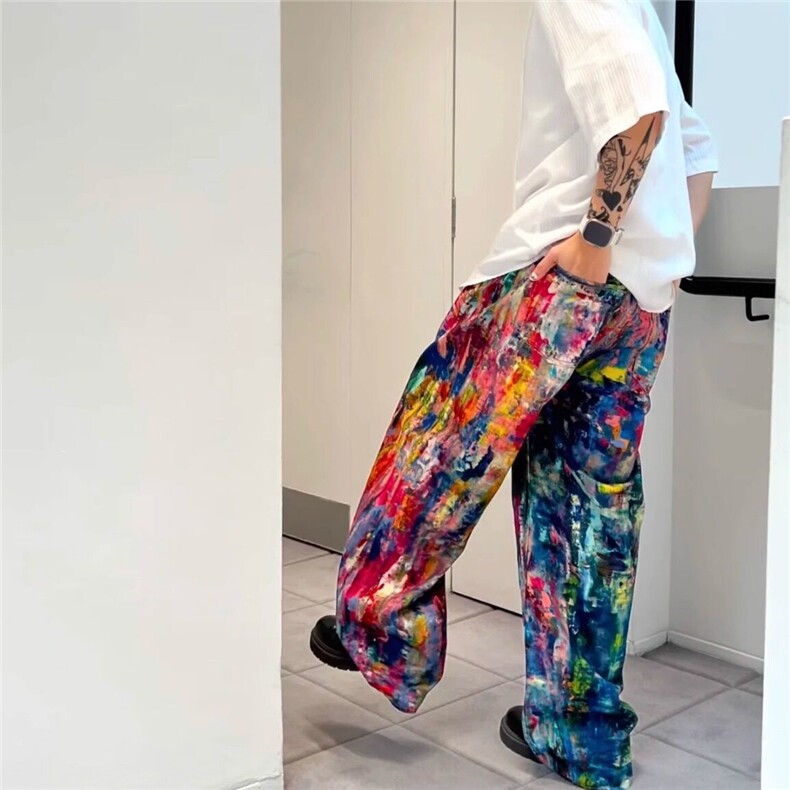 新款3D彩印泼墨油画调色盘阔腿牛仔裤休闲裤男女同款潮,男装休闲裤,星座506A