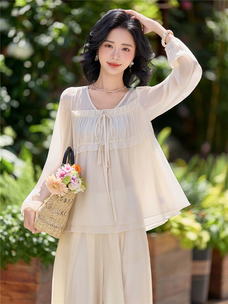 超仙时尚雪纺套装女2026春夏新款半透减龄长袖防晒阔腿裙裤两件套,女装套装/套裙,水衣源