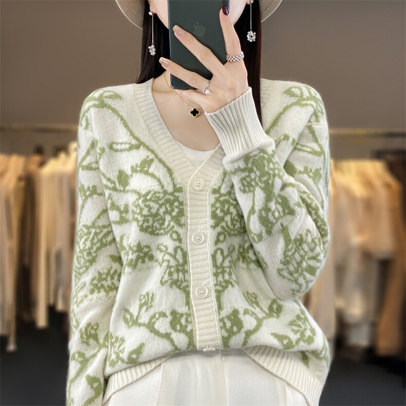 清仓】青花瓷女开衫外套20244秋提花V领毛衣女短款针织开衫羊绒衫图片