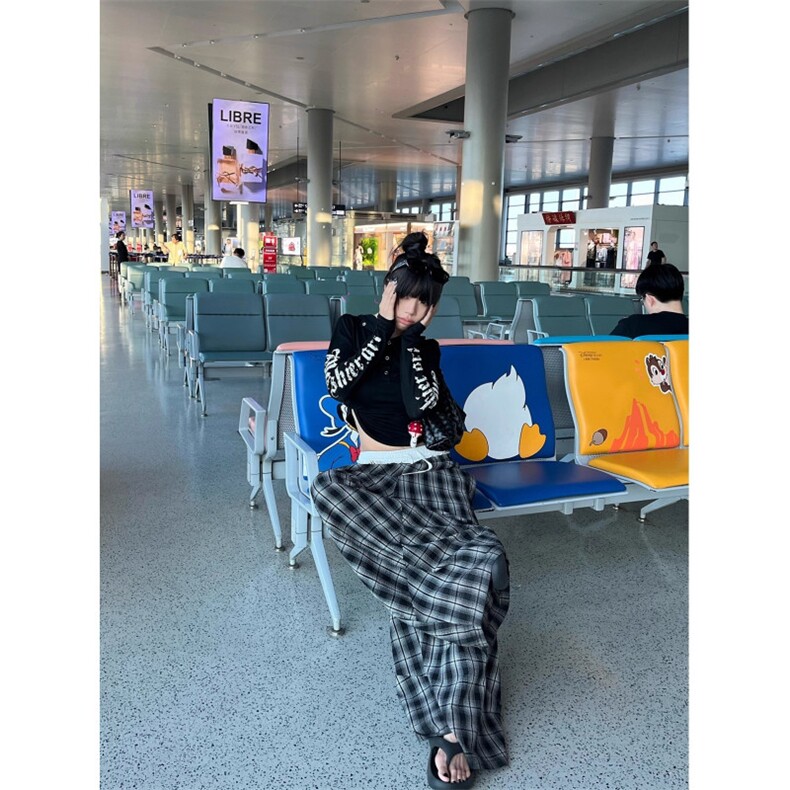 美式拼色格子双腰头垂感休闲裤男女慵懒休闲百搭拖地长裤,男装休闲裤,星座601-1