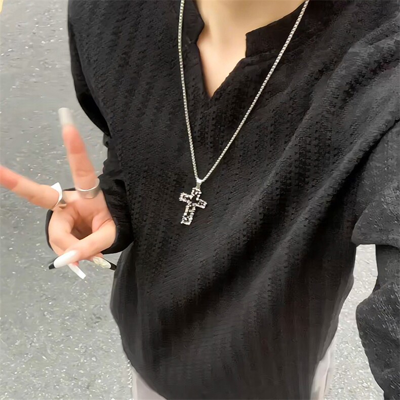 美式高街千鸟格子长袖T恤男女亨利V领英伦雅痞休闲宽松长袖打底衫,男装T恤,电商A443