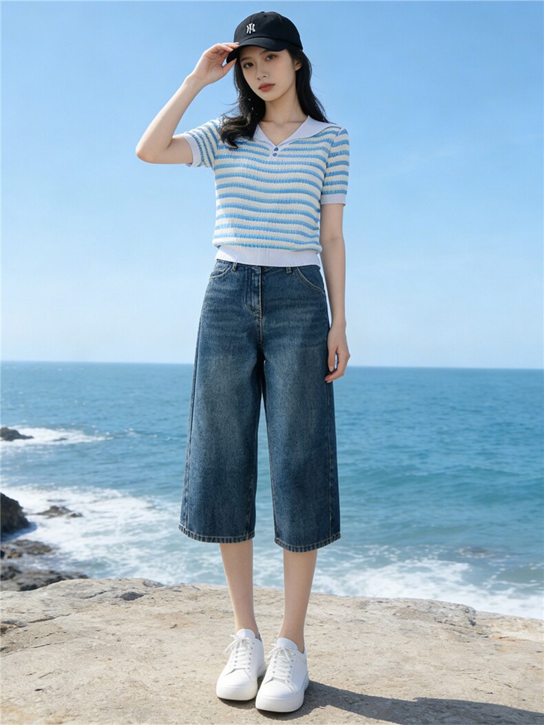 时尚简约套装女夏季新款洋气减龄蓝色翻领条纹上衣牛仔中裤两件套,女装套装/套裙,江南