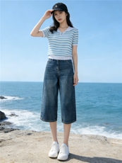 时尚简约套装女夏季新款洋气减龄蓝色翻领条纹上衣牛仔中裤两件套，女装套装/套裙，江南