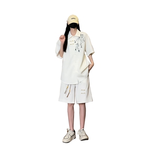 量大优 供视频 新风刺绣花冰丝短裤短袖套装衬衫男 CP55-特p61图片