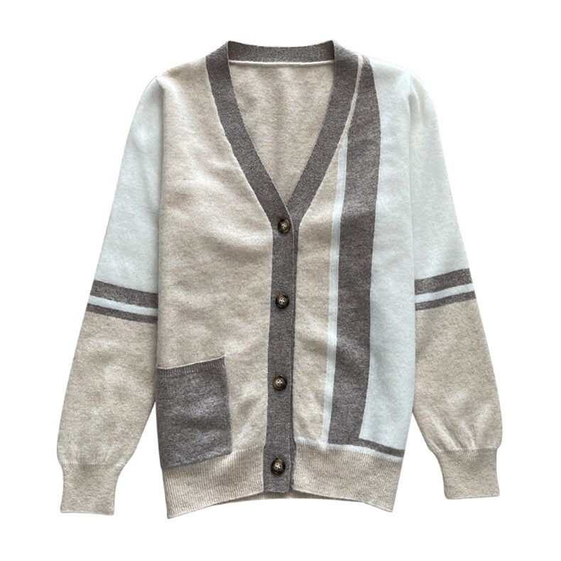 条纹拼接羊毛开衫女2024年秋冬新款休闲舒适,女装羊毛衫,蒙特羊绒
