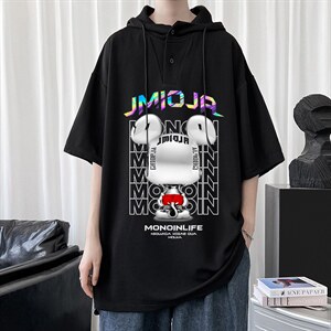 LD54214-P45 连帽短袖t恤男大码胖子带帽五分袖中袖图片