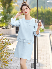 套装女春季大码杭派圆领拼接蕾丝花边小香风优雅气质宽松两件套，女装套装/套裙，韩美纤衣
