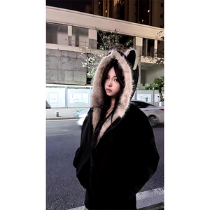 现货重磅硬挺boxy羽绒棉衣座山雕猫耳大毛毛领麂皮棉服冬外套图片