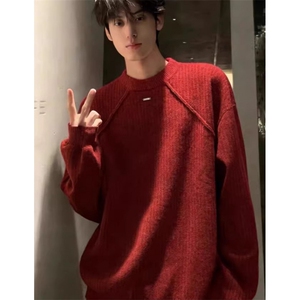 春季美式潮牌重磅廓形圆领毛衣男宽松百搭套头上衣潮MGT56,白毛衣搭配什么裙子好看吗图片