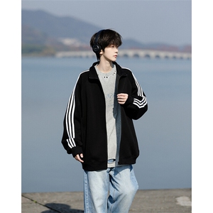 8XL-M三条杠运动卫衣特大码美式条纹立领夹克开衫外套JK5205/P65