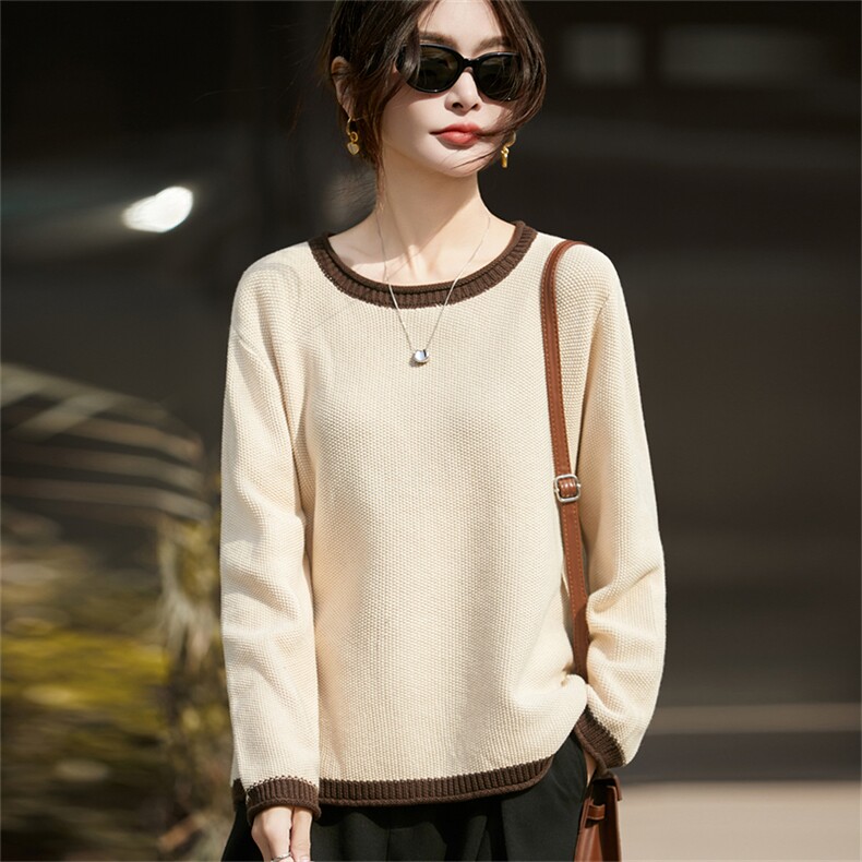 2025年秋季时尚百搭通勤休闲加厚配色卷边圆领，女装针织衫/毛衣，秋虹羊绒