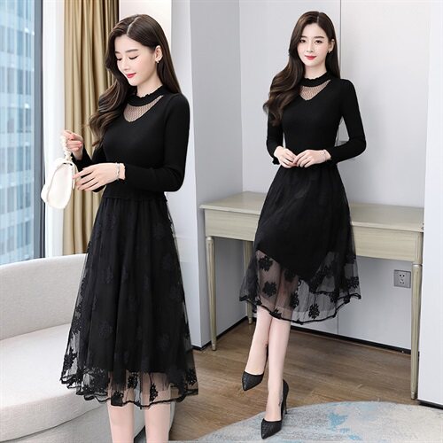 2022春秋季时尚百搭新款连衣裙蕾丝网纱优雅女人中长款女，女装连衣裙，然然