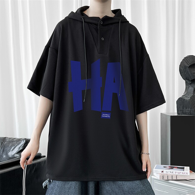 LD54258-P45连帽短袖t恤男大码胖子带帽五分袖中袖,男装T恤,电商A040