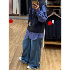 少年感蓝色格子衬衫叠穿内搭日系复古上衣长袖打底衬衣外套男女款，男装T恤，星座506A