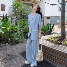 法式短袖西装外套阔腿裤套装女2025夏季新款高级感蕾丝拼接两件套，女装套装/套裙，2C305