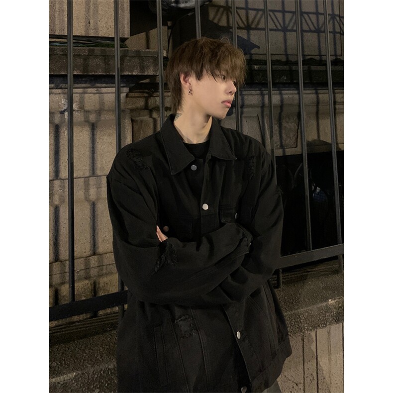 ins风痞帅潮牌宽松韩版上衣秋季新款破洞牛仔夹克衫HY481TP60控98,男装夹克,电商A102B