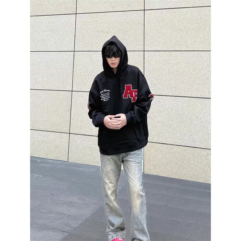 美式高街毛巾绣字母连帽卫衣男2025新款宽松设计感小众学院风上衣,男装卫衣,星座506A