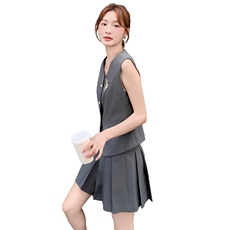 韩系穿搭一整套女2025夏季新款时尚休闲灰色西装背心百褶裙两件套，女装套装/套裙，纯色衣恋