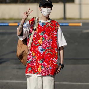 MJ04夏新男士休闲透气凉爽坎肩无袖马甲男女团队服东北大花喜庆潮图片