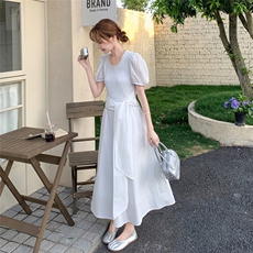 白色温柔风收腰连衣裙女2025夏季新款设计感气质显瘦泡泡袖长裙，女装连衣裙，2C050