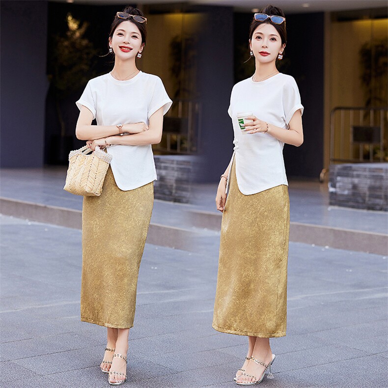 夏季时尚套装女2024新款女装气质开叉短袖t恤半身长裙显瘦两件套,商品下架区,悠米