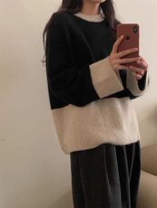 秋冬季新款舒适时尚百搭圆领拼色羊毛衫，女装羊毛衫，莺澜羊绒