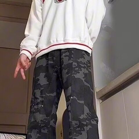 复古迷彩工装牛仔裤男女秋冬季新款裤子宽松直筒阔腿长裤,男装牛仔裤,星座1210-1