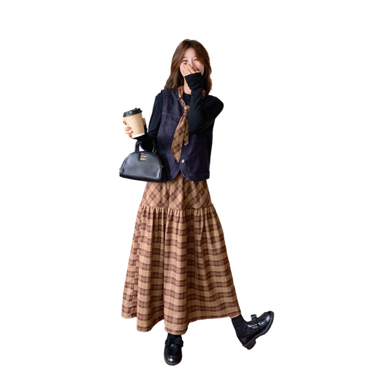 韩系轻熟风御姐牛仔马甲套装女2025春秋超火好看格纹连衣裙两件套,女装运动套装,浙宝285（原212）