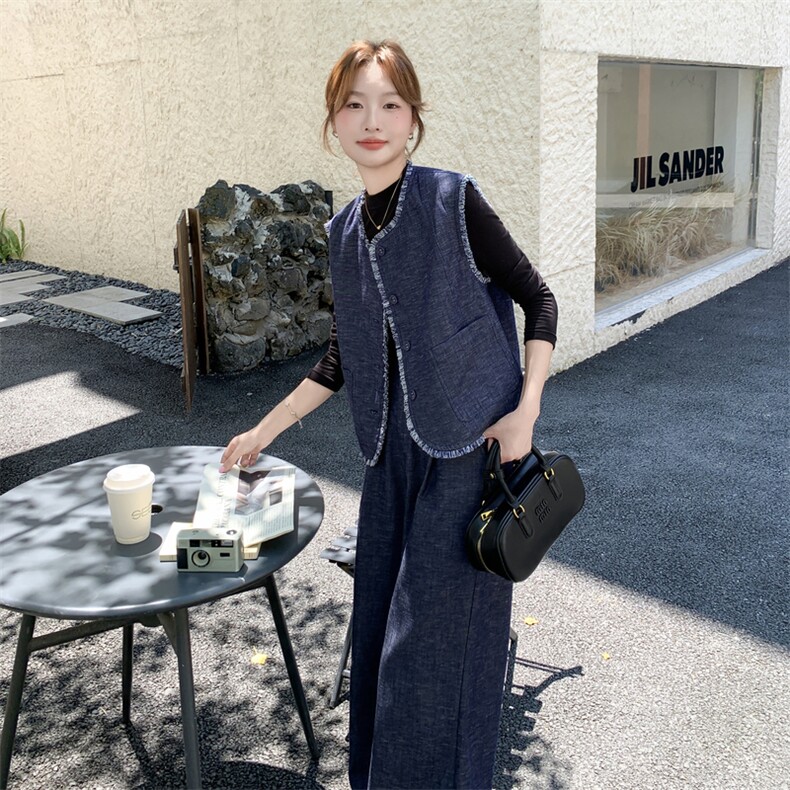 韩系复古牛仔马甲套装女2025秋季新款小个子设计感上衣长裤三件套,女装套装/套裙,2C170