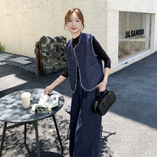 韩系复古牛仔马甲套装女2025秋季新款小个子设计感上衣长裤三件套，女装套装/套裙，2C170